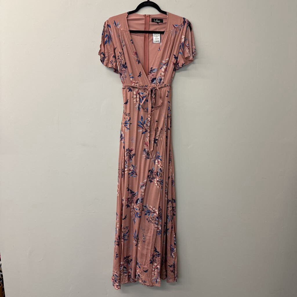 Lulus Pink/ Blue Print Short Sleeve Maxi Dress Small