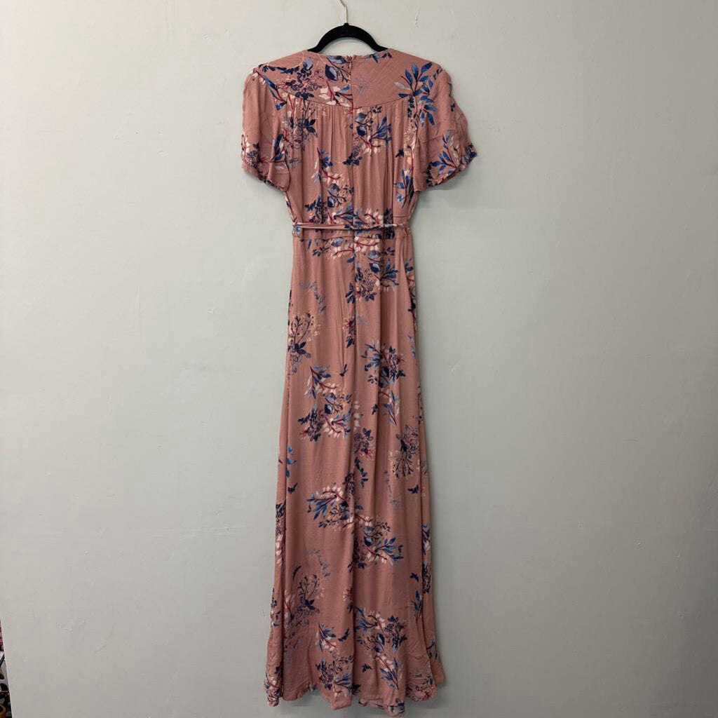 Lulus Pink/ Blue Print Short Sleeve Maxi Dress Small