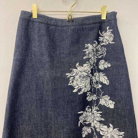 Ann Taylor Dark Wash Denim Midi Skirt Flower Detail 6