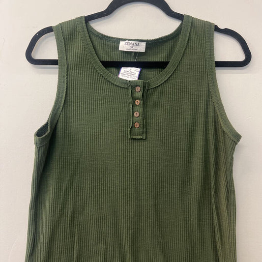 Zenana Green Ribbed Henley Tank Top Large