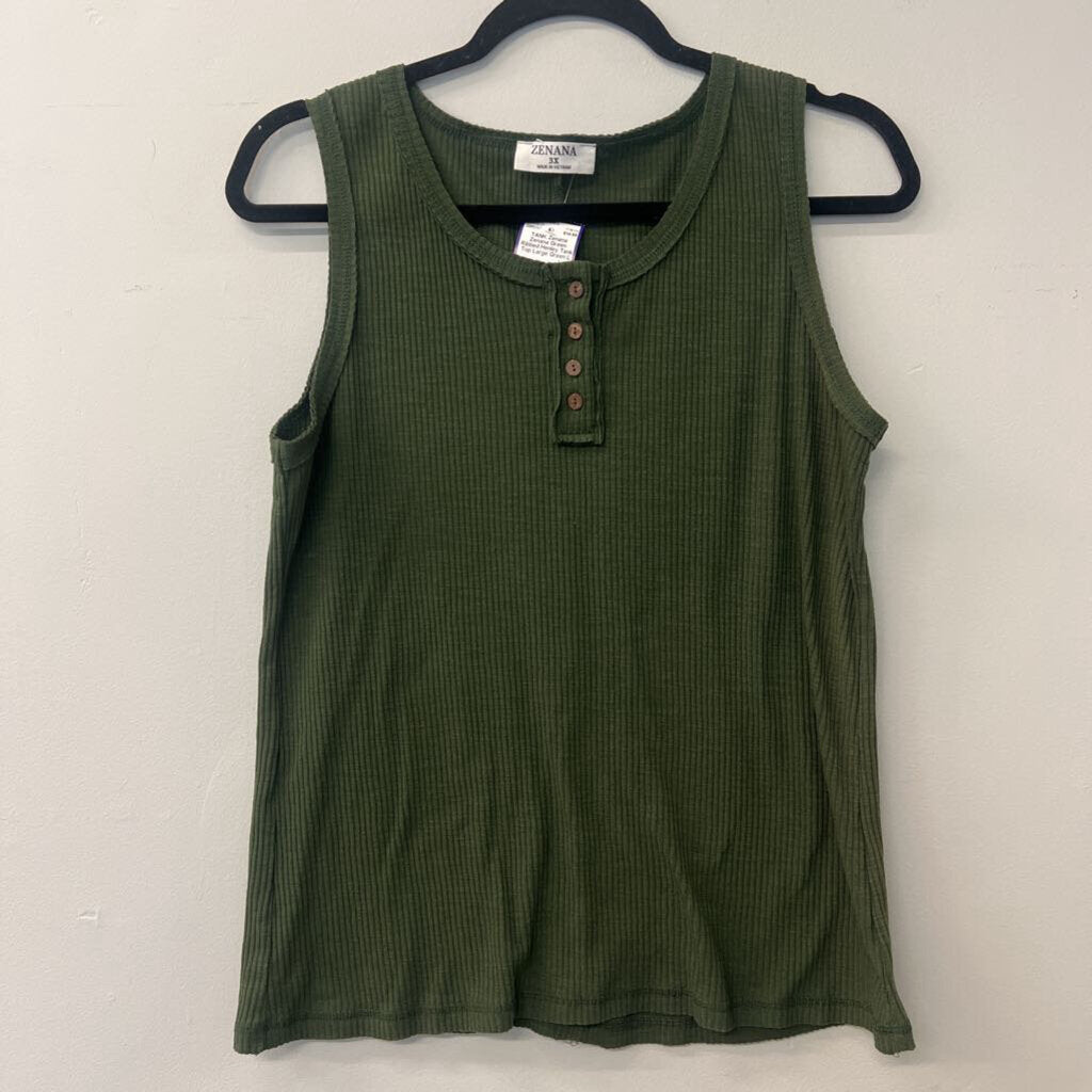 Zenana Green Ribbed Henley Tank Top Large