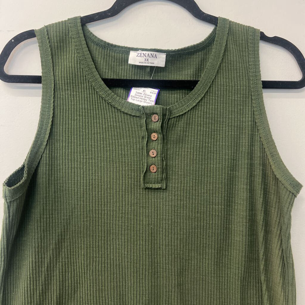 Zenana Green Ribbed Henley Tank Top Large