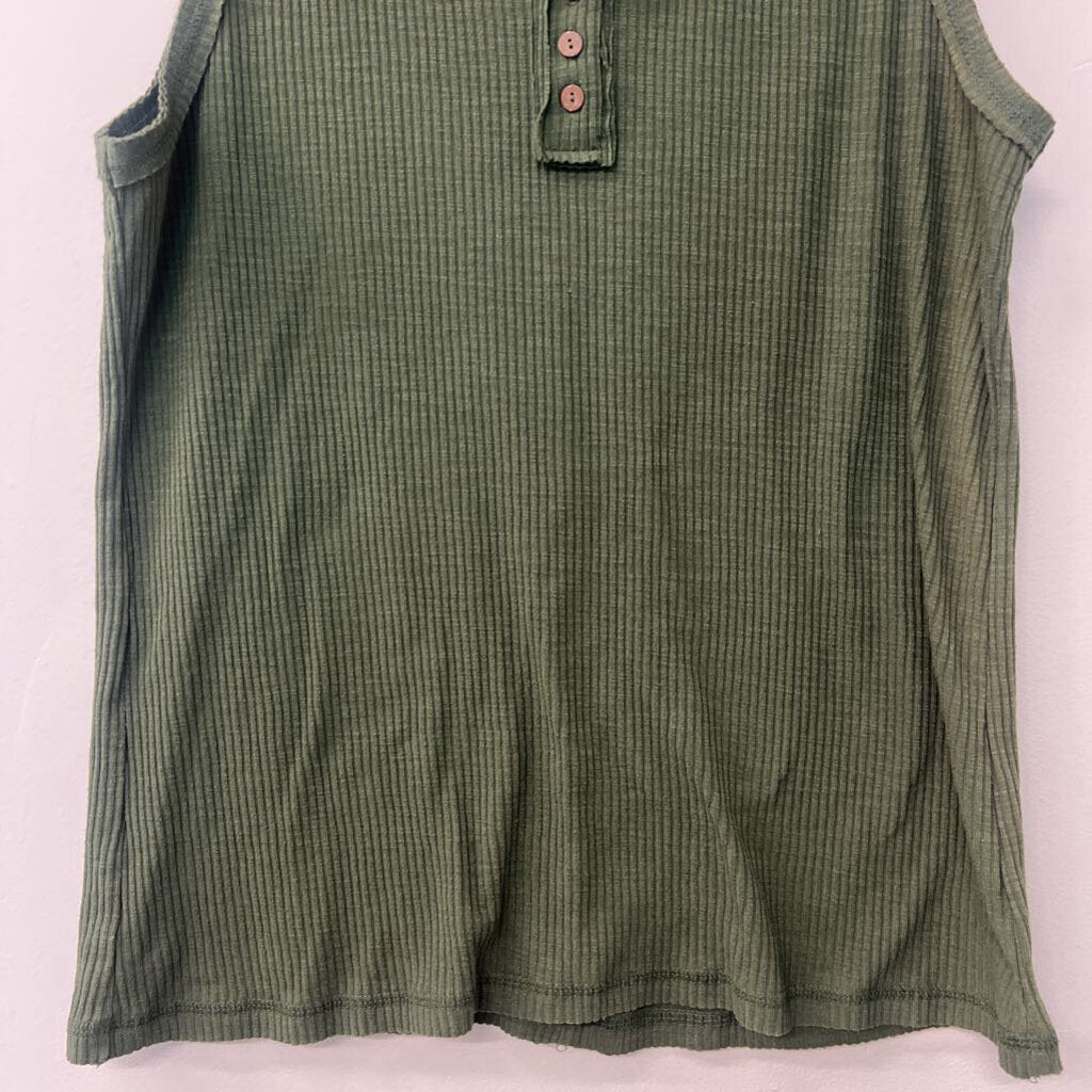 Zenana Green Ribbed Henley Tank Top Large