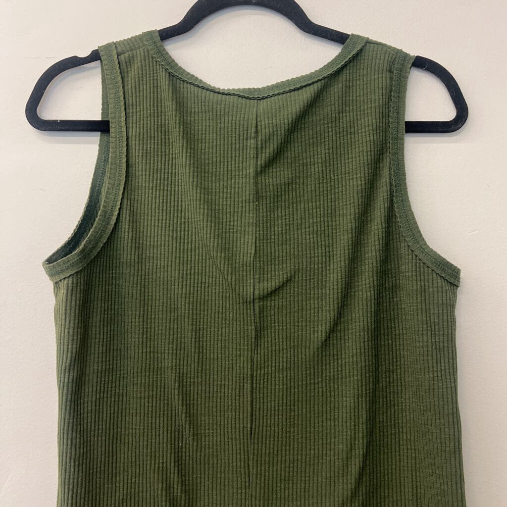 Zenana Green Ribbed Henley Tank Top Large