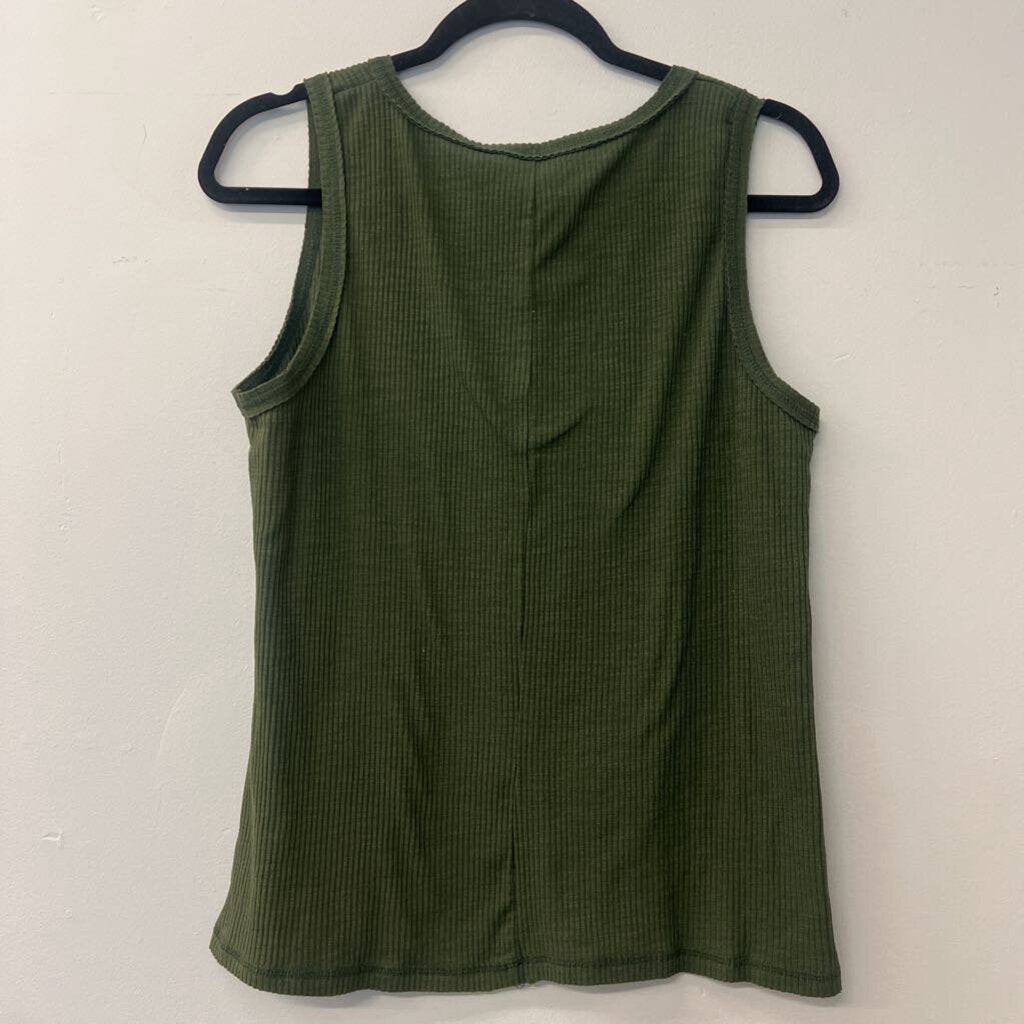 Zenana Green Ribbed Henley Tank Top Large