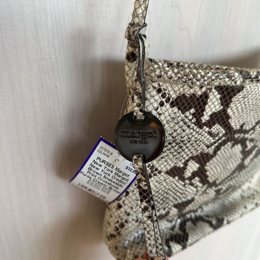 Margot New York Cream/ Brown Snakeskin Print Crossbody Purse