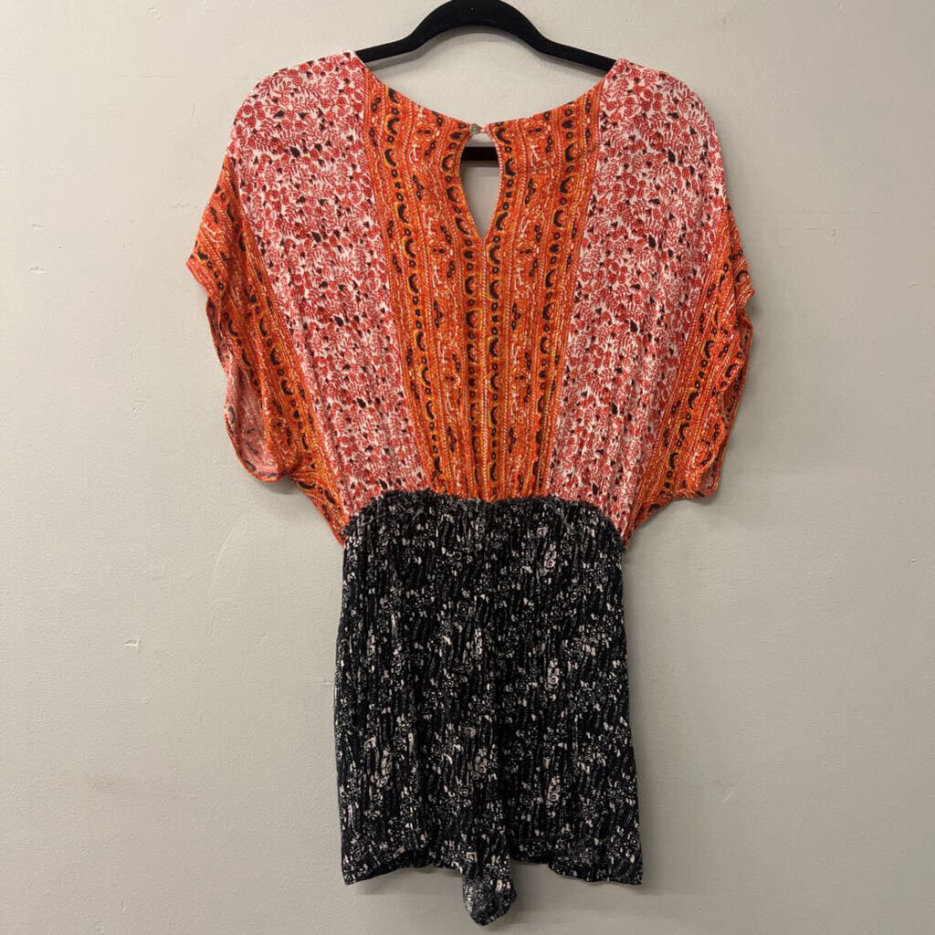 Free People Orange Print Top Black Print Bottom Romper Extra Small