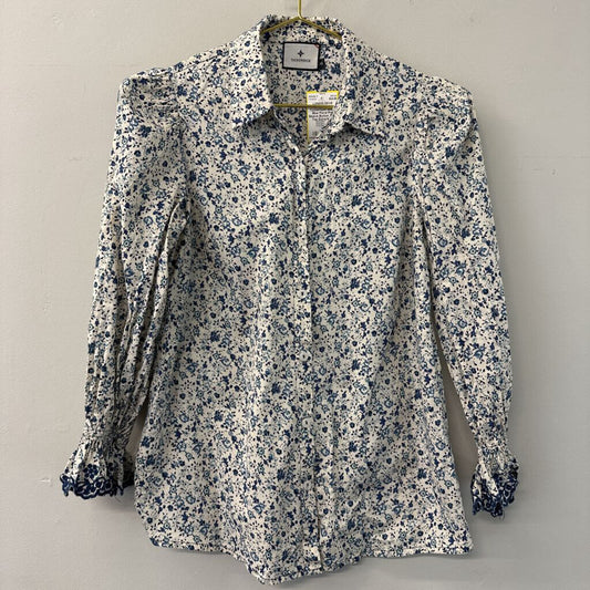 Tuckernuck White/ Blue Floral Puff Sleeve Button Down Top Extra Small