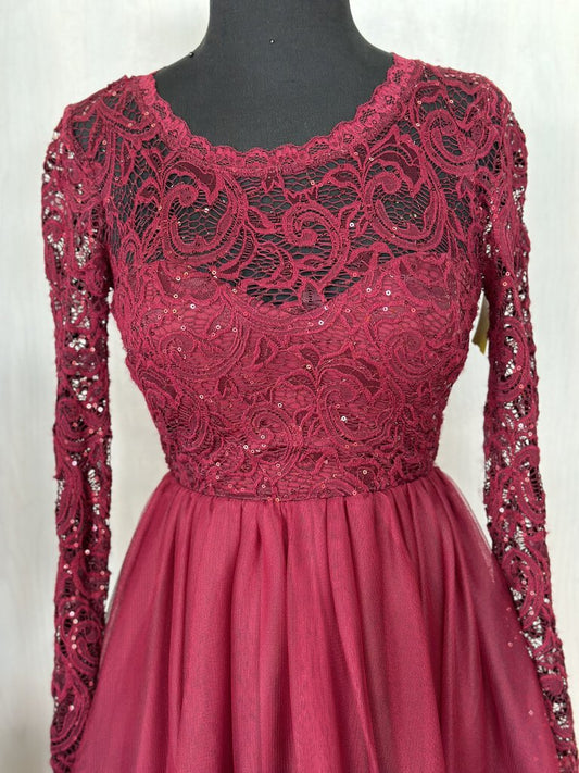 Burgundy Longsleeve Lace Keyhole Back Dress 1