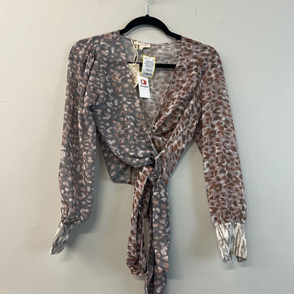 Printed Grey/Brown Wrap Blouse Small