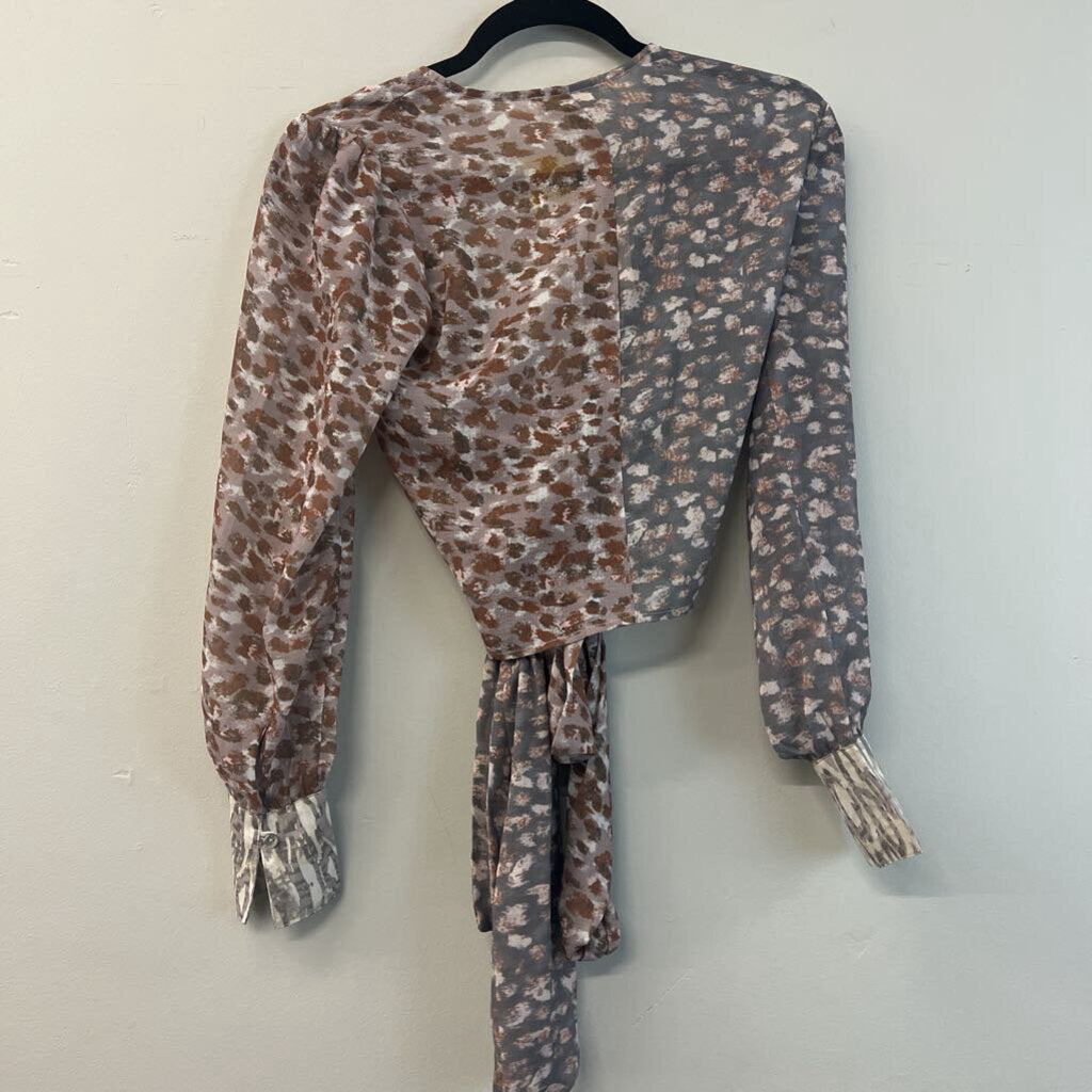 Printed Grey/Brown Wrap Blouse Small