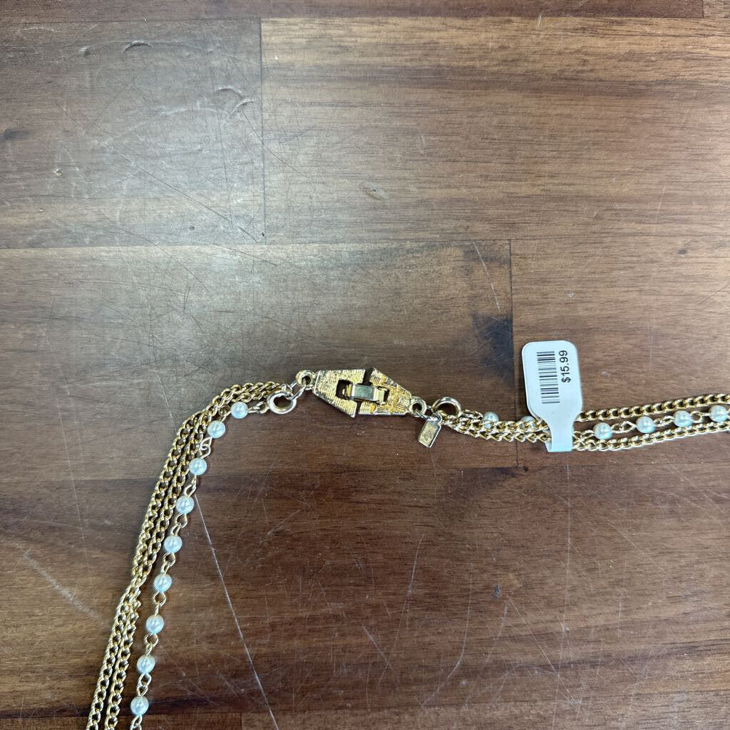 Vintage Long 3 Strand Gold And Pearl Necklace