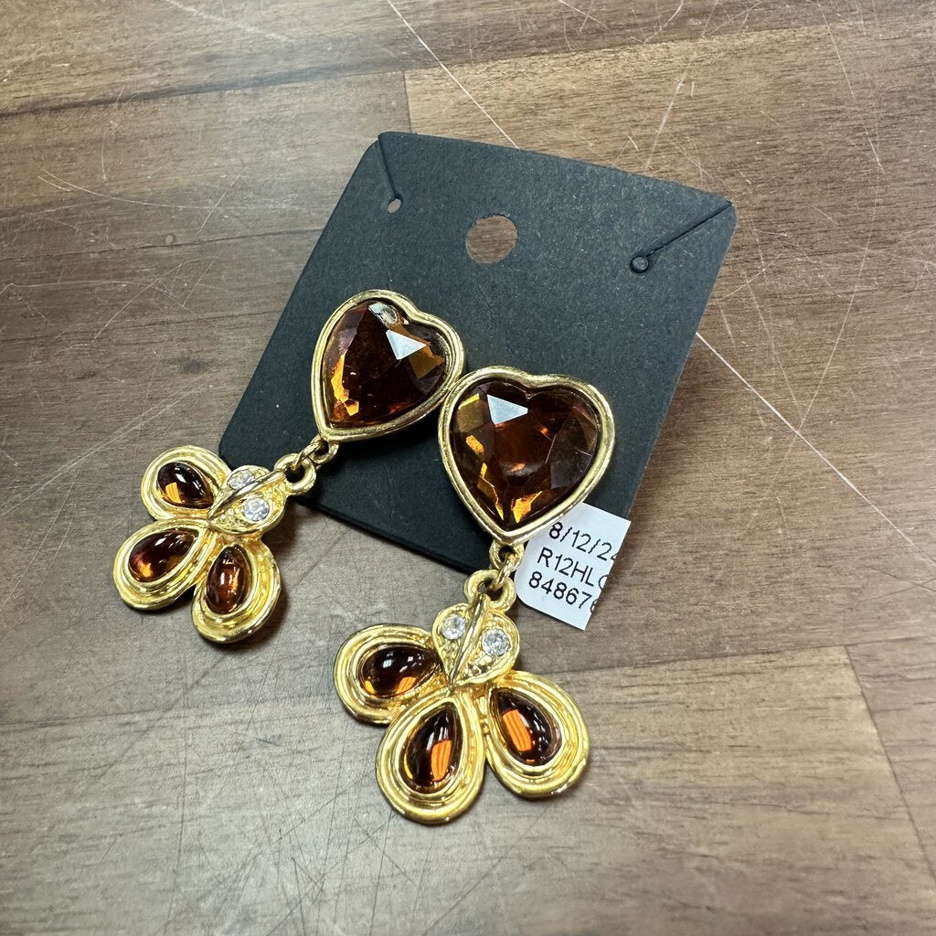 Costume Amber Colored Drop Earrings Heart Shape