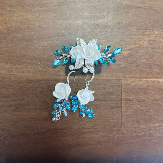 Blue/ White Flower Earring/ Hair Clip Set