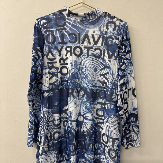 Ashley Stewart Blue/ White Graphic Print Mock Neck Dress 14/16