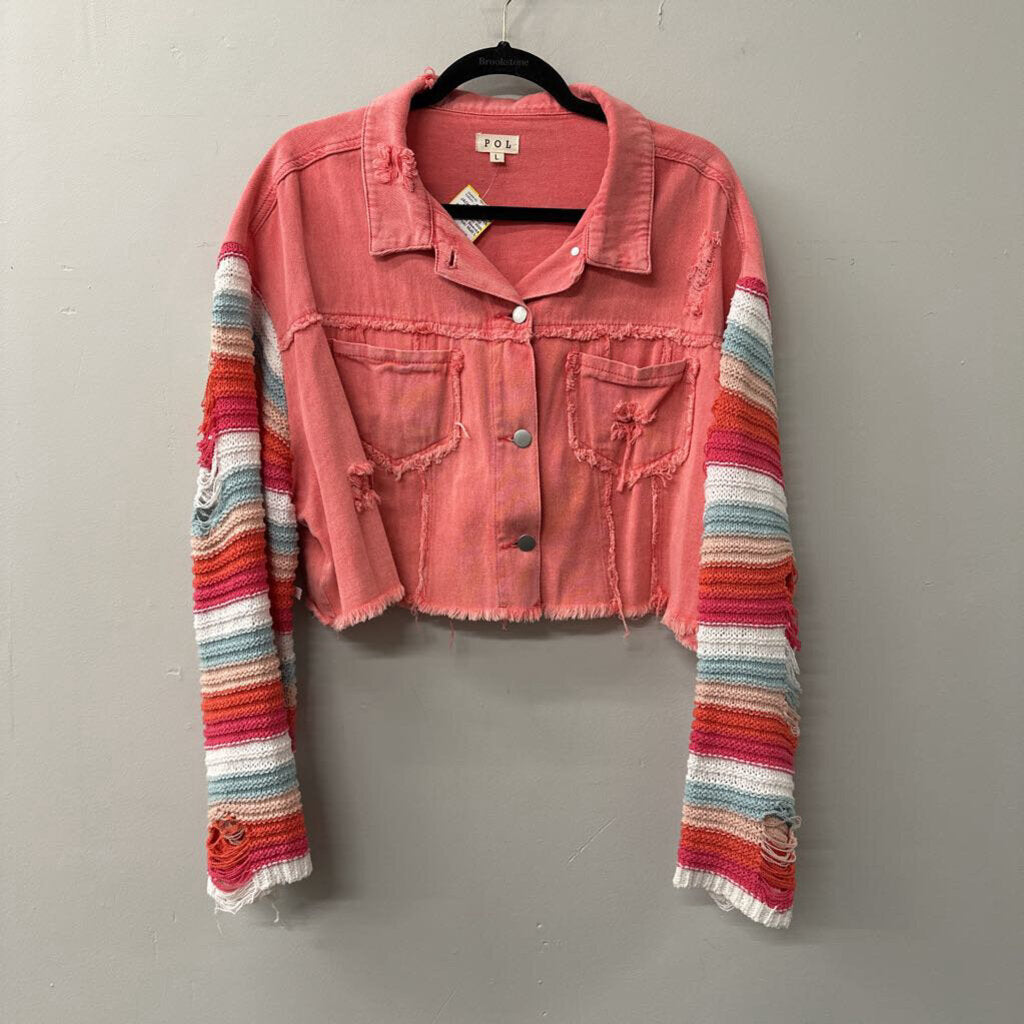 POL Pink Cropped Denim Jacket With Stripe Knit Sleeves Large