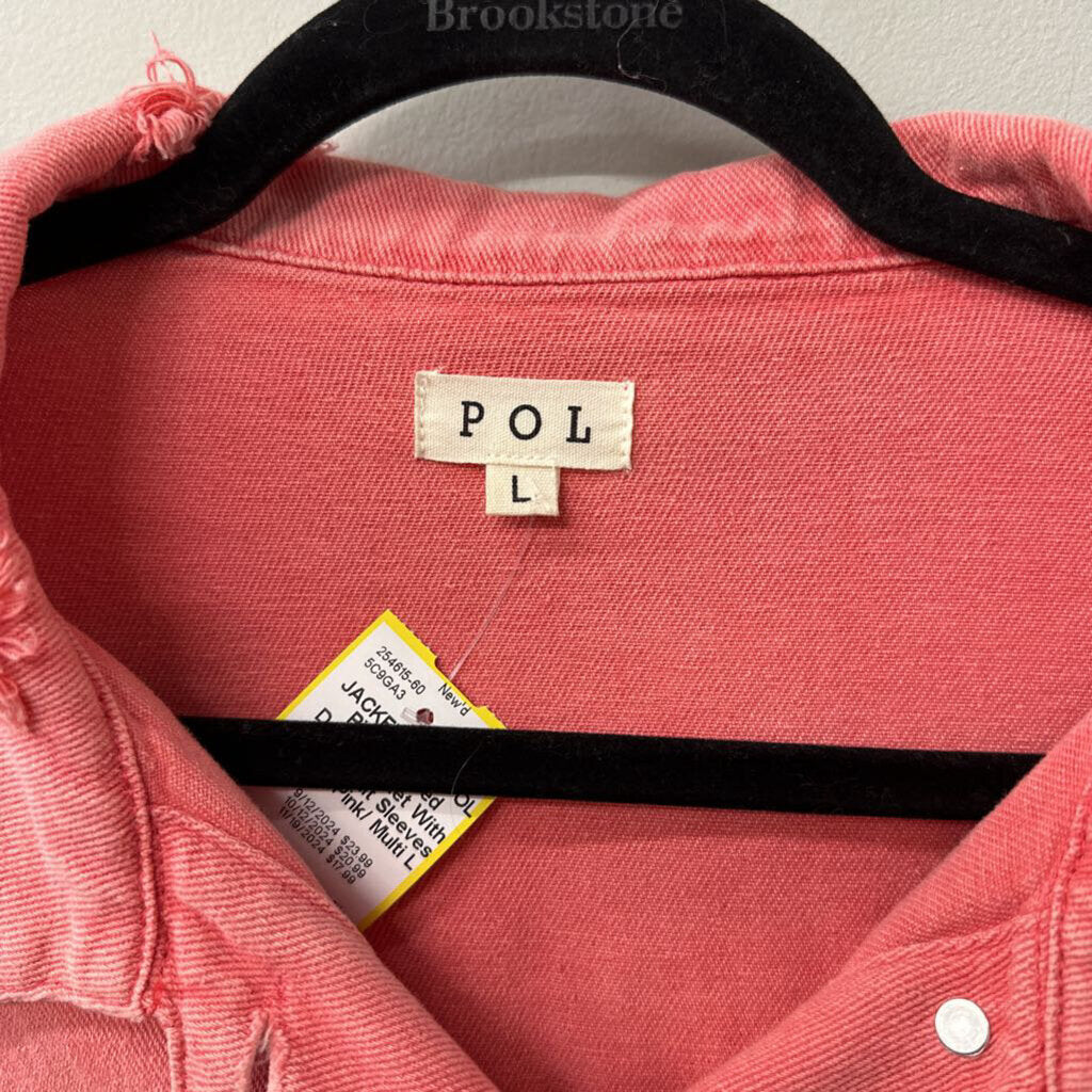 POL Pink Cropped Denim Jacket With Stripe Knit Sleeves Large