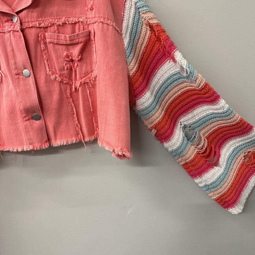 POL Pink Cropped Denim Jacket With Stripe Knit Sleeves Large