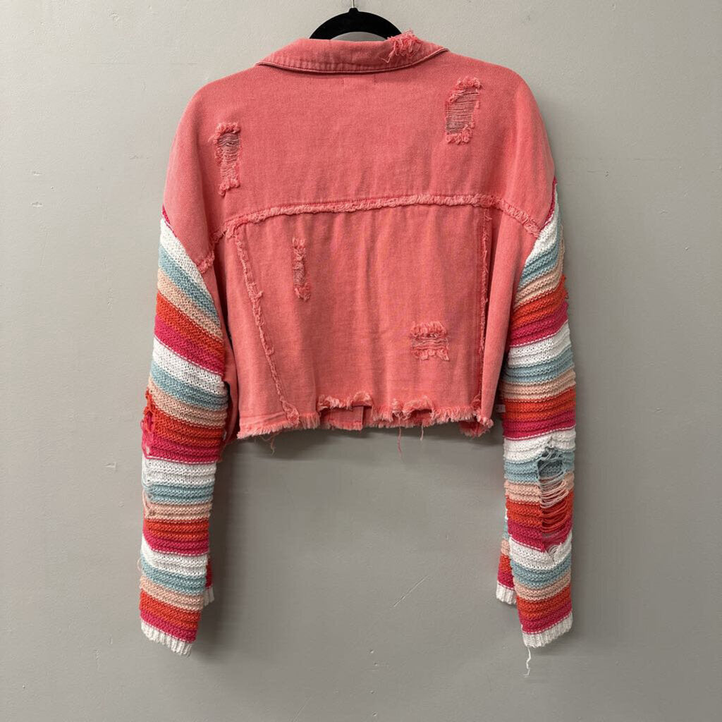 POL Pink Cropped Denim Jacket With Stripe Knit Sleeves Large