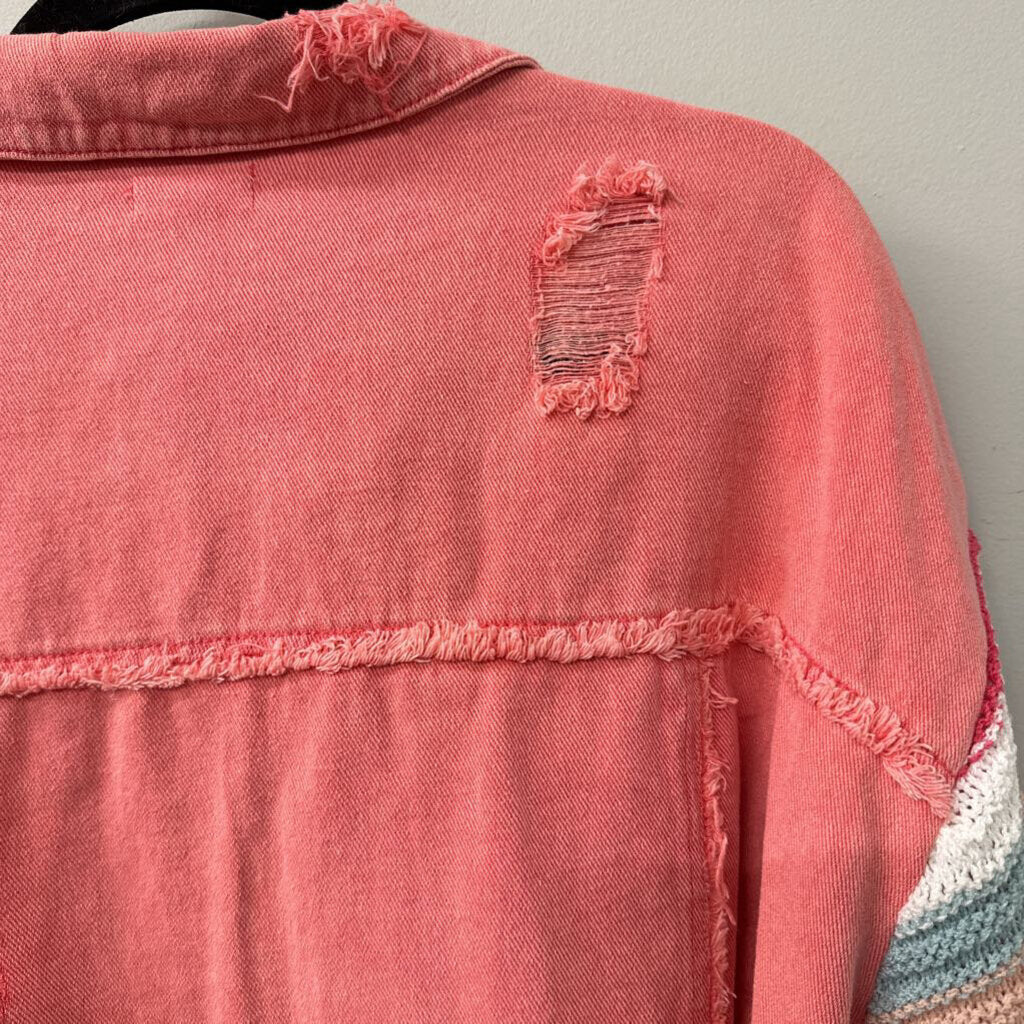 POL Pink Cropped Denim Jacket With Stripe Knit Sleeves Large