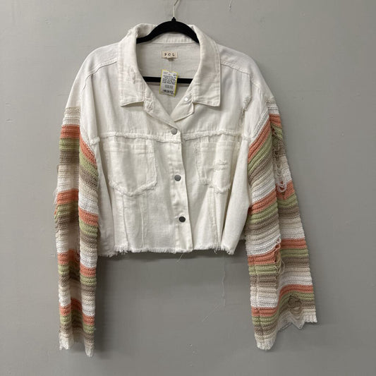 POL White Cropped Denim Jacket With Stripe Knit Sleeves Large