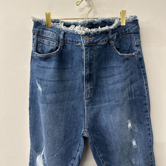 Risen Frayed Waist/ Hem Distressed Flare Jeans 1XL