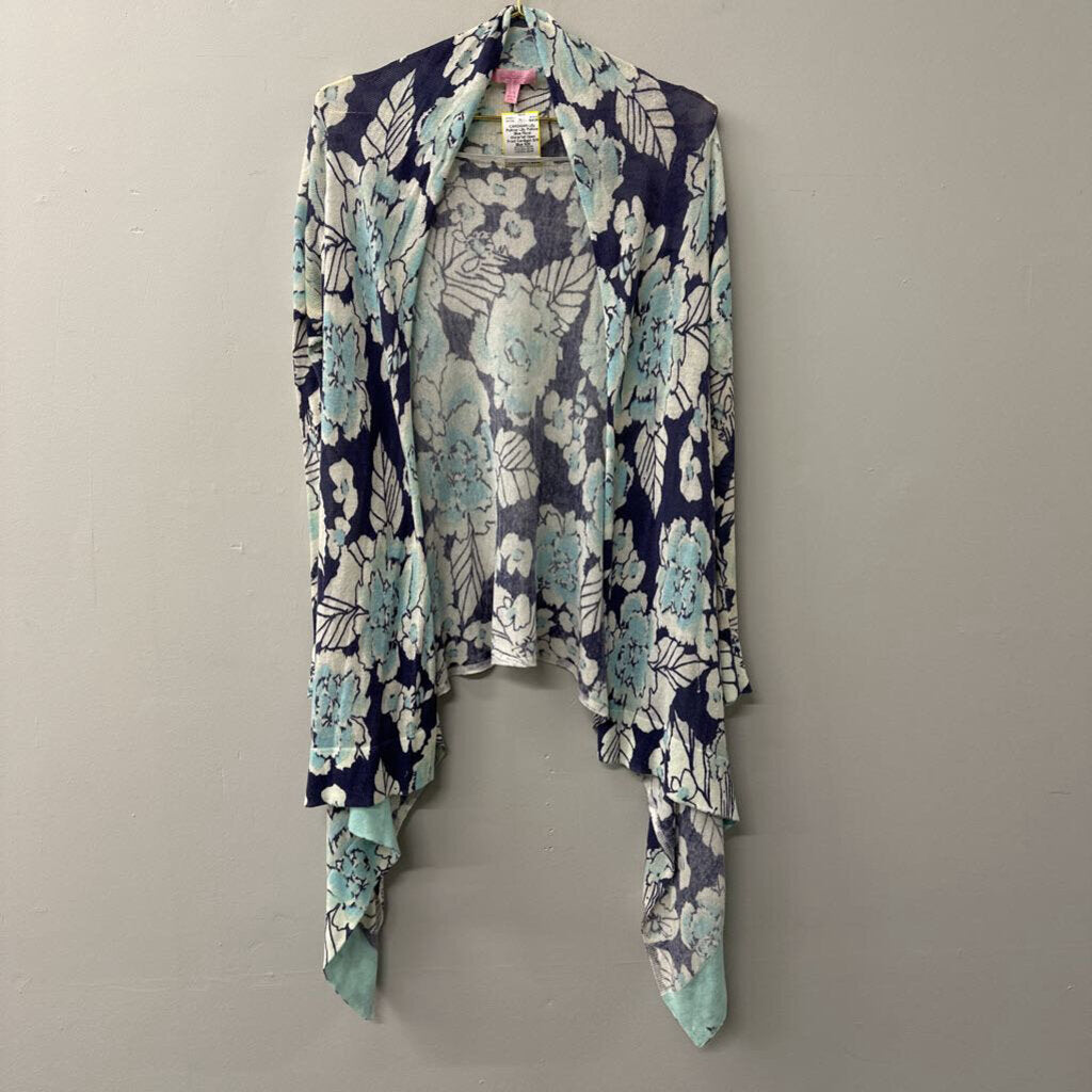 Lilly Pulitzer Blue Floral Waterfall Open Front Cardigan S/M