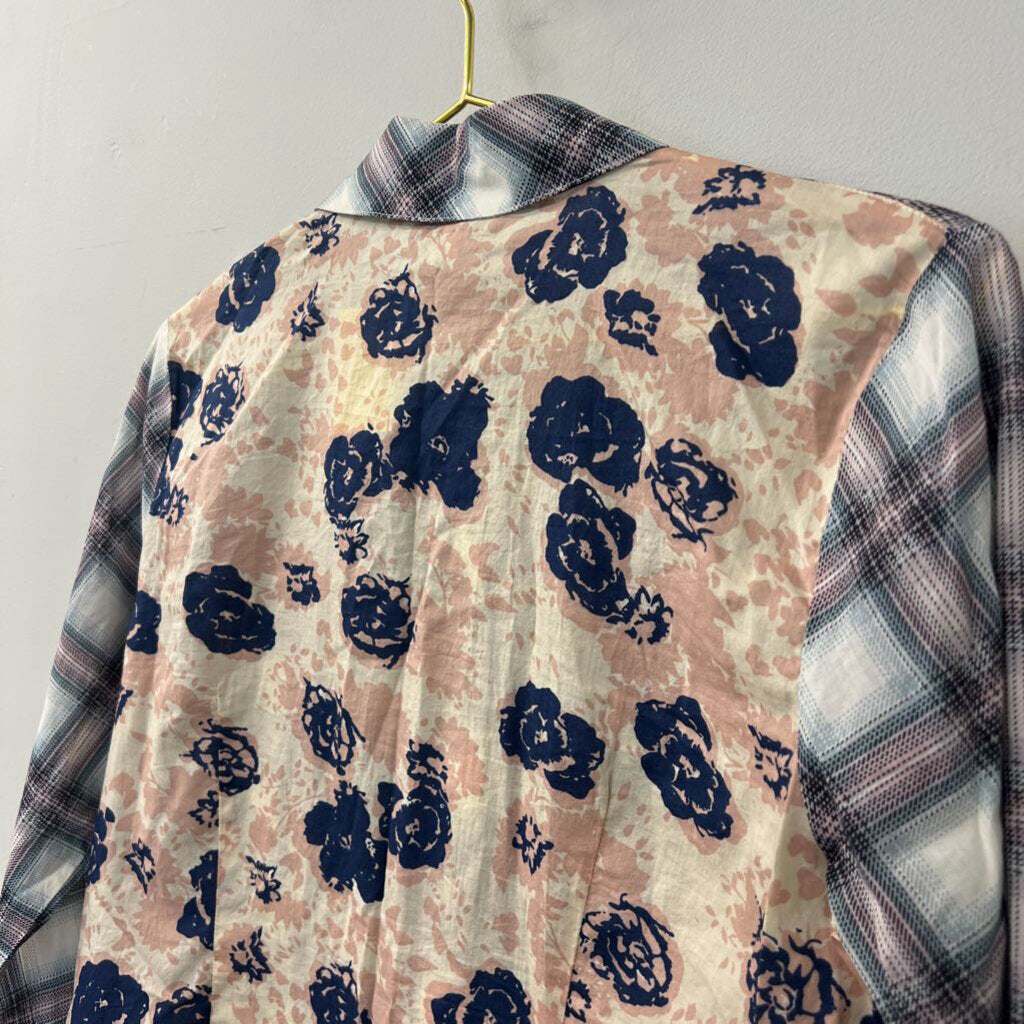 Cabi Blue/ Pink Plaid Floral Back Button Down Top Small