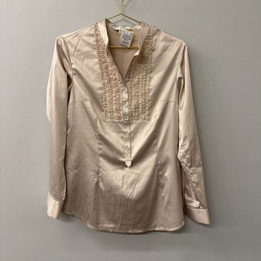 Cabi Beige Silky Long Sleeve Ruffle Detail Top Small