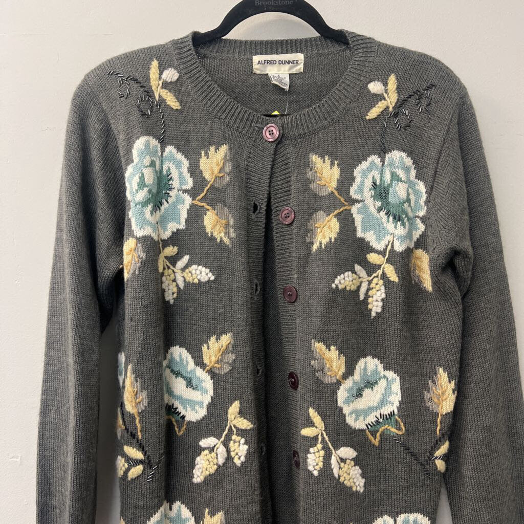 Vintage Alfred Dunner Grey Flower Detail Cardigan Small