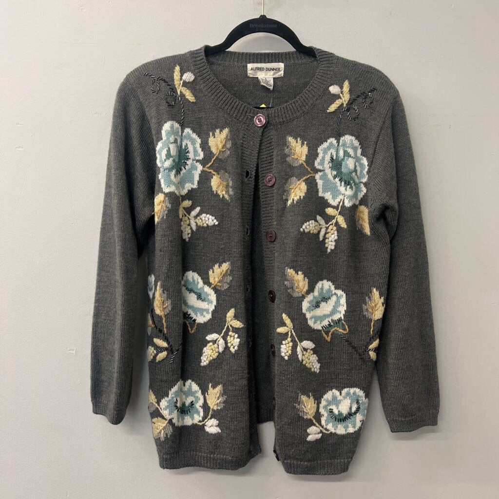 Vintage Alfred Dunner Grey Flower Detail Cardigan Small