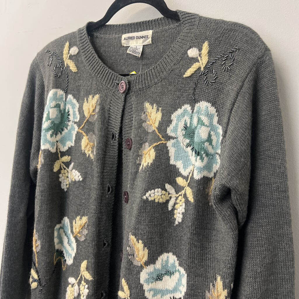 Vintage Alfred Dunner Grey Flower Detail Cardigan Small