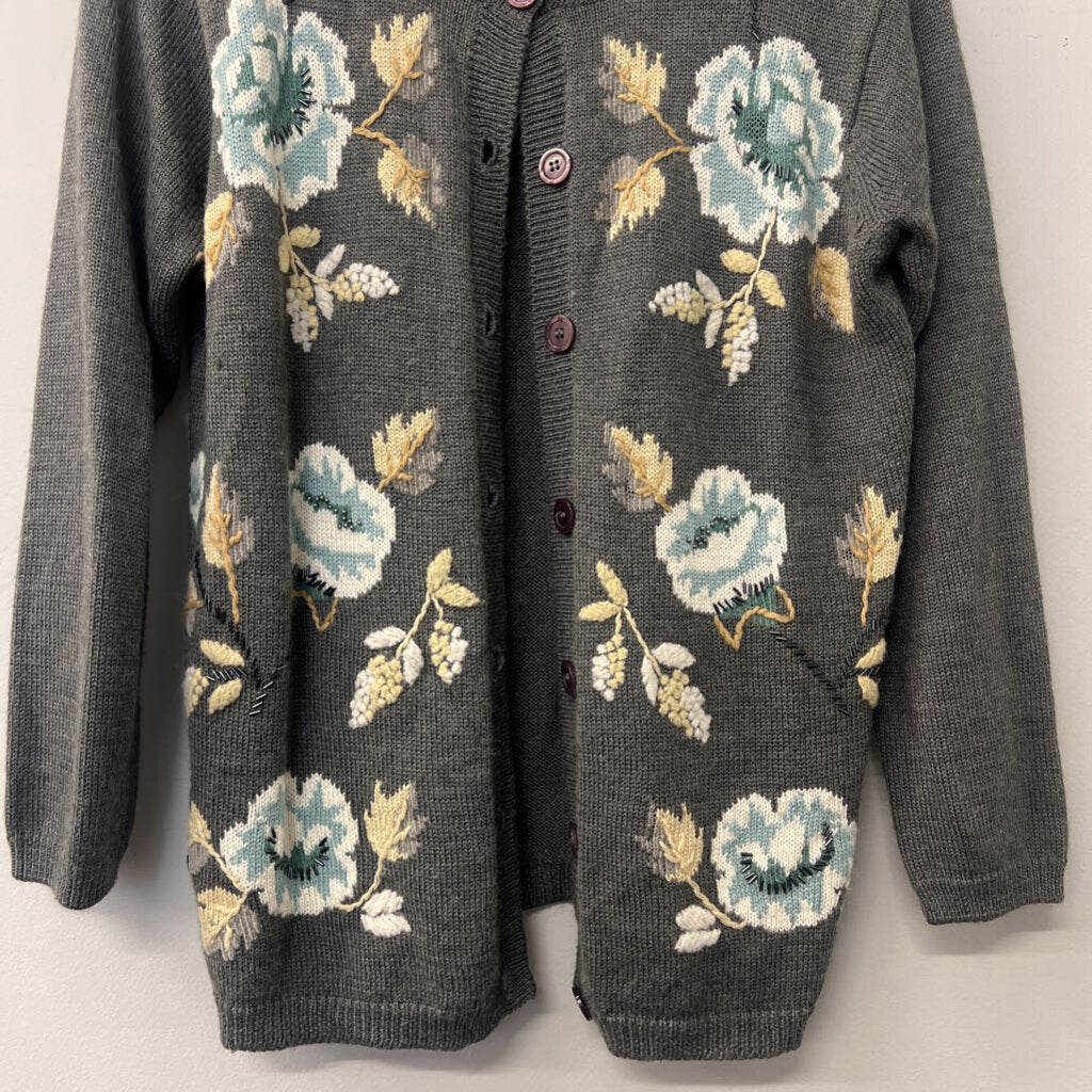 Vintage Alfred Dunner Grey Flower Detail Cardigan Small