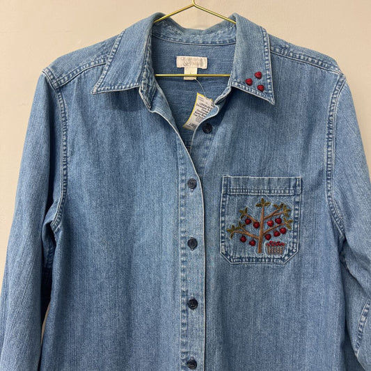 Vintage Christopher and Banks Blue Denim Tree Pocket Button Down Large