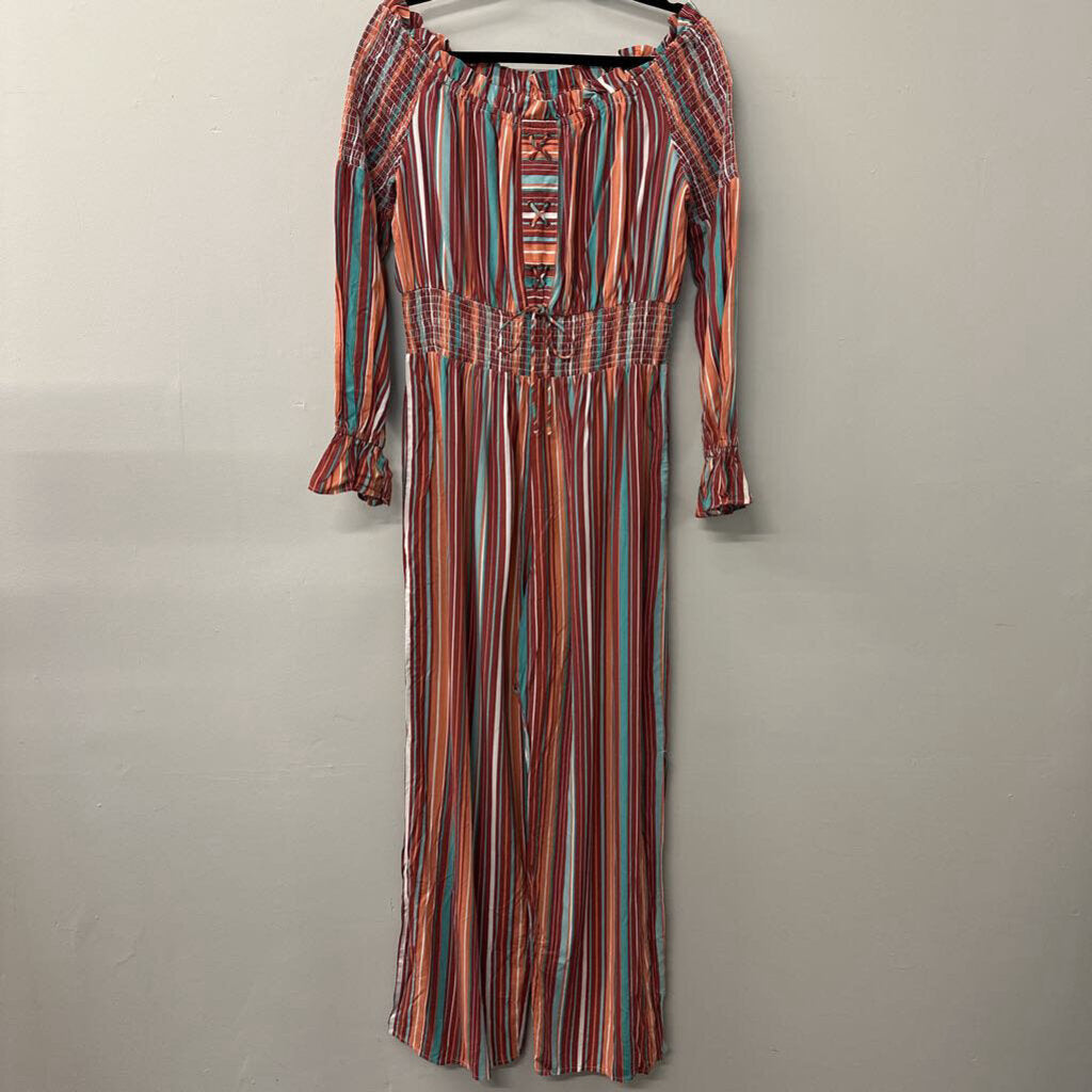 Rock and Roll Cowgirl Orange/ Multi Striped Off Shoulder Maxi Dress Extra Large