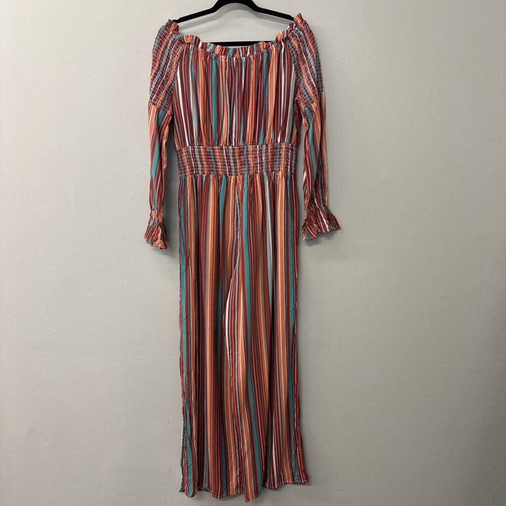 Rock and Roll Cowgirl Orange/ Multi Striped Off Shoulder Maxi Dress Extra Large