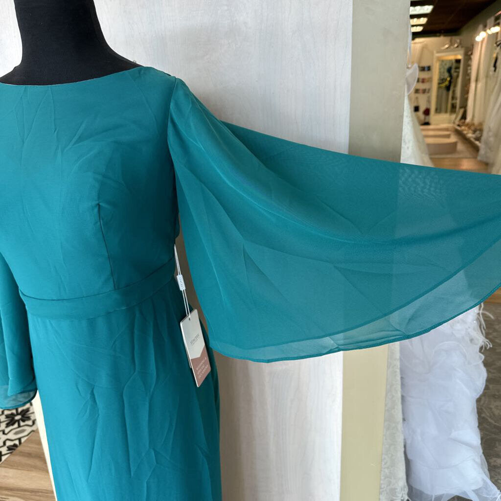 Stacees Teal Flutter Long Sleeve Long Dress 10