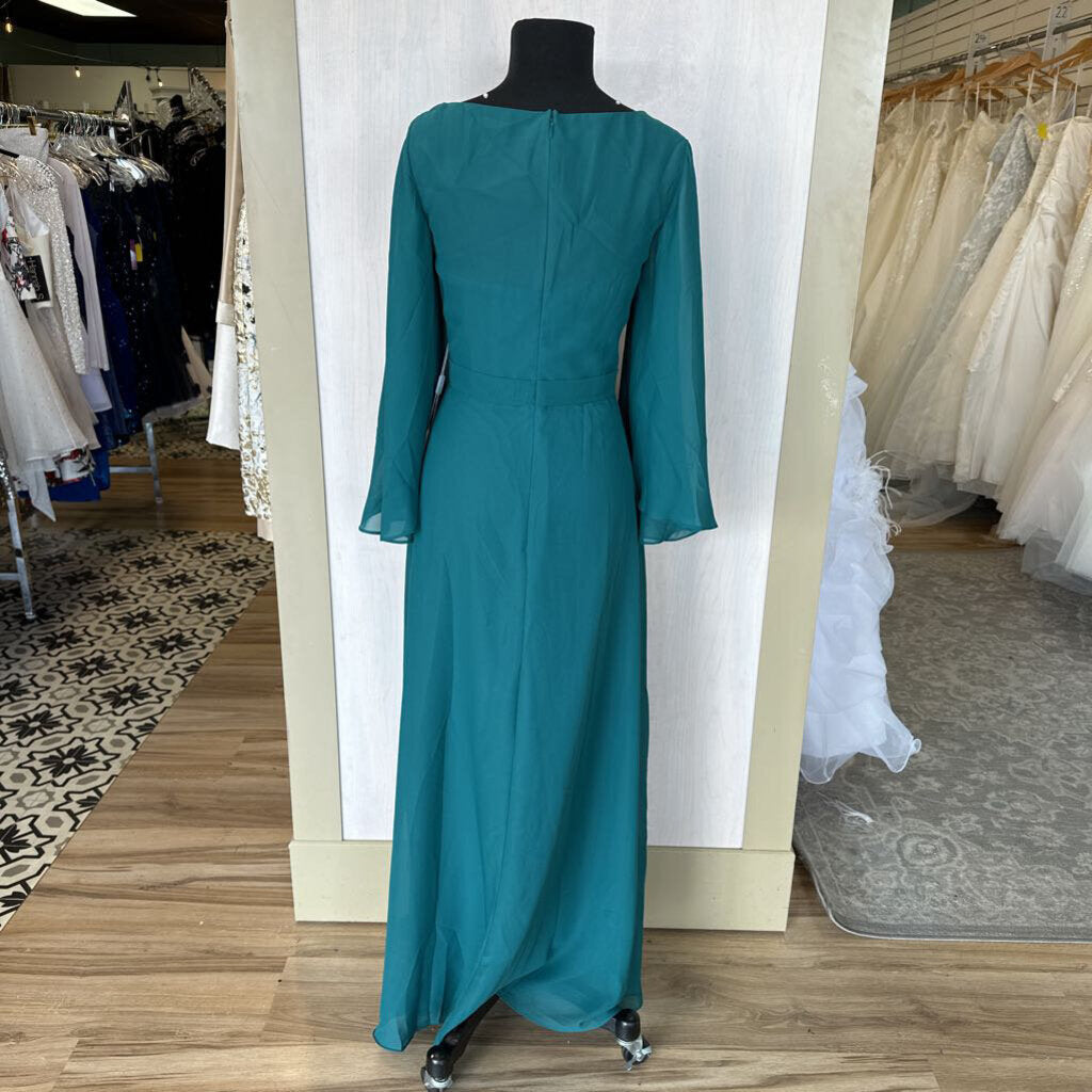 Stacees Teal Flutter Long Sleeve Long Dress 10