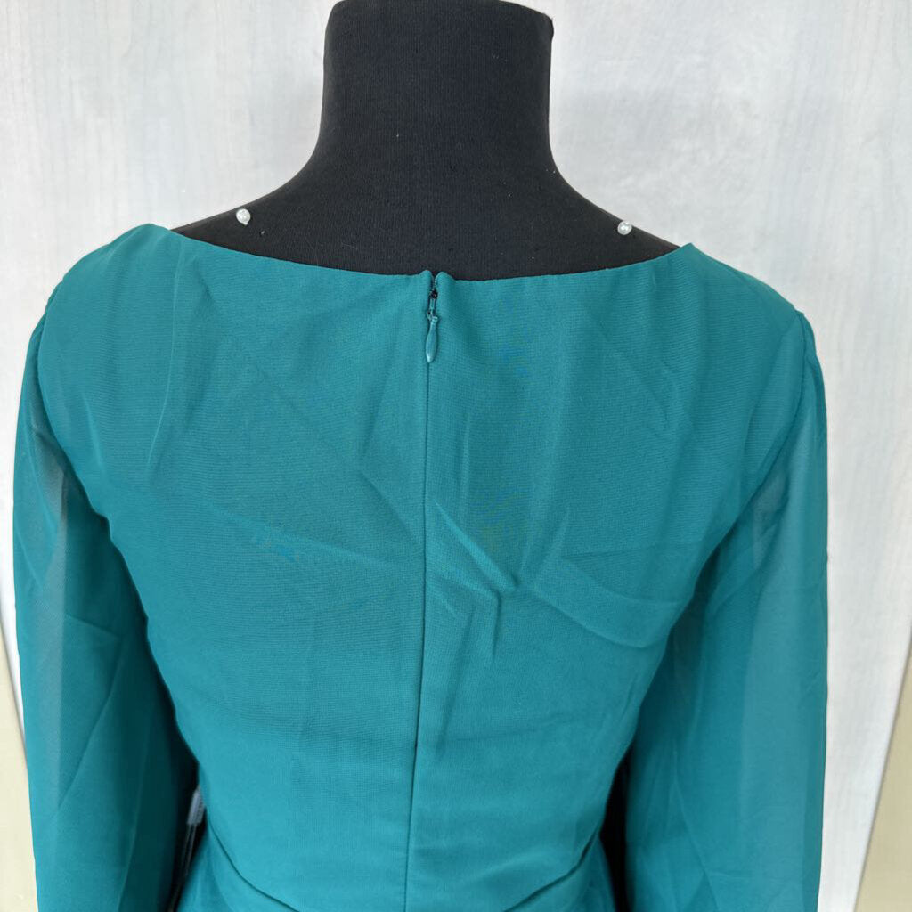 Stacees Teal Flutter Long Sleeve Long Dress 10