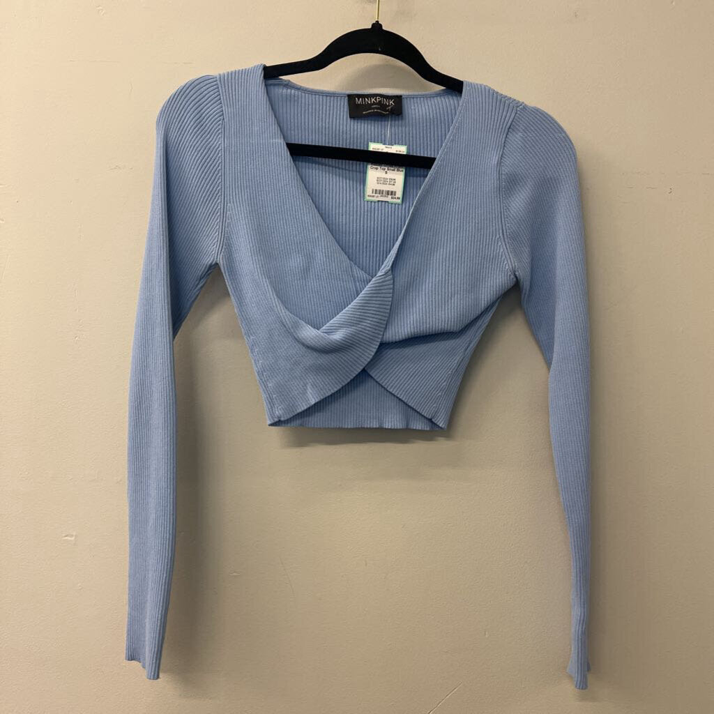 Mink Pink Blue Ribbed Cross Front Crop Top Small