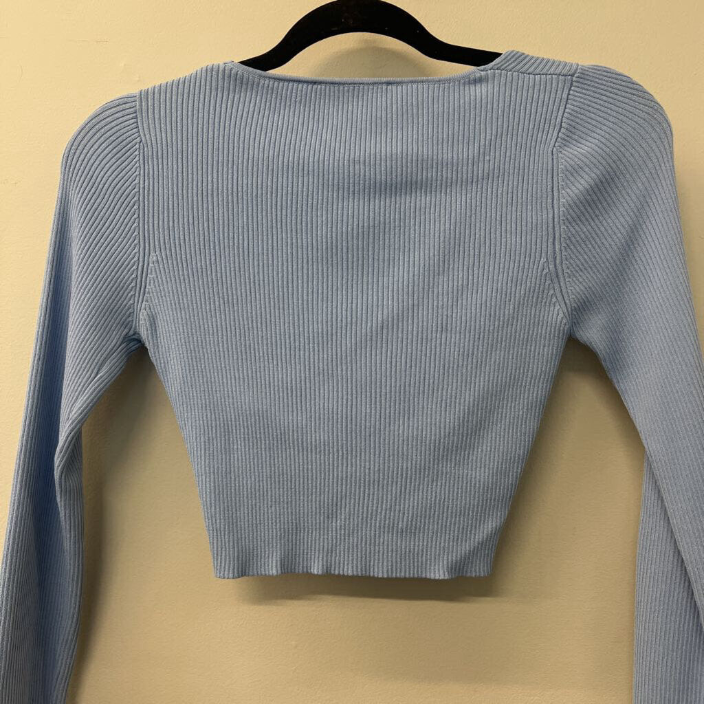 Mink Pink Blue Ribbed Cross Front Crop Top Small