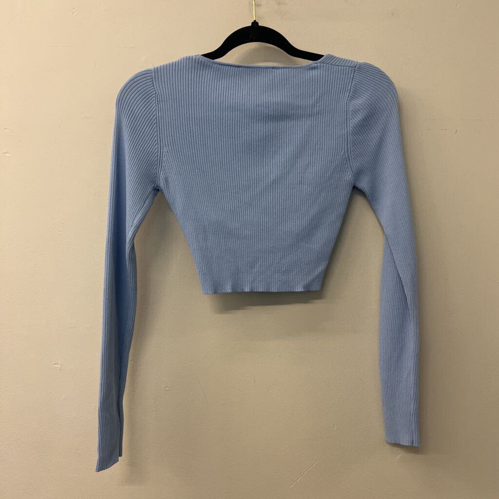 Mink Pink Blue Ribbed Cross Front Crop Top Small