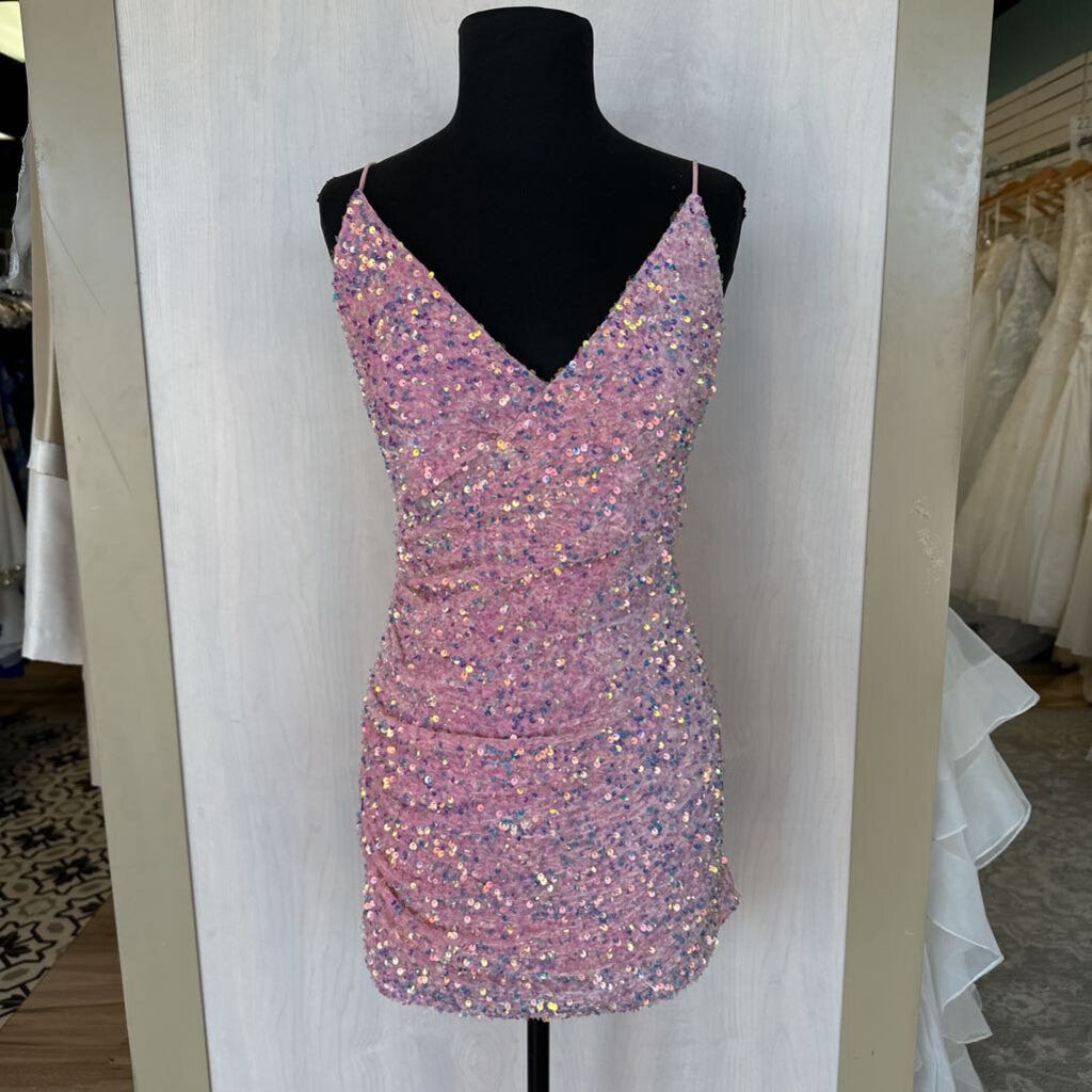 Pink Sequin Faux Wrap Mini Dress Medium