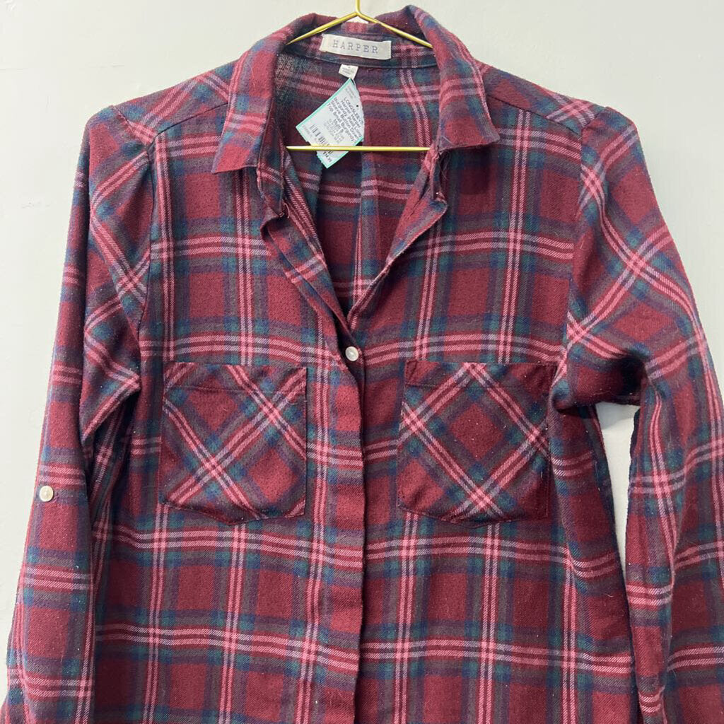 Harper Burgundy Plaid Long Sleeve Button Down Top Small