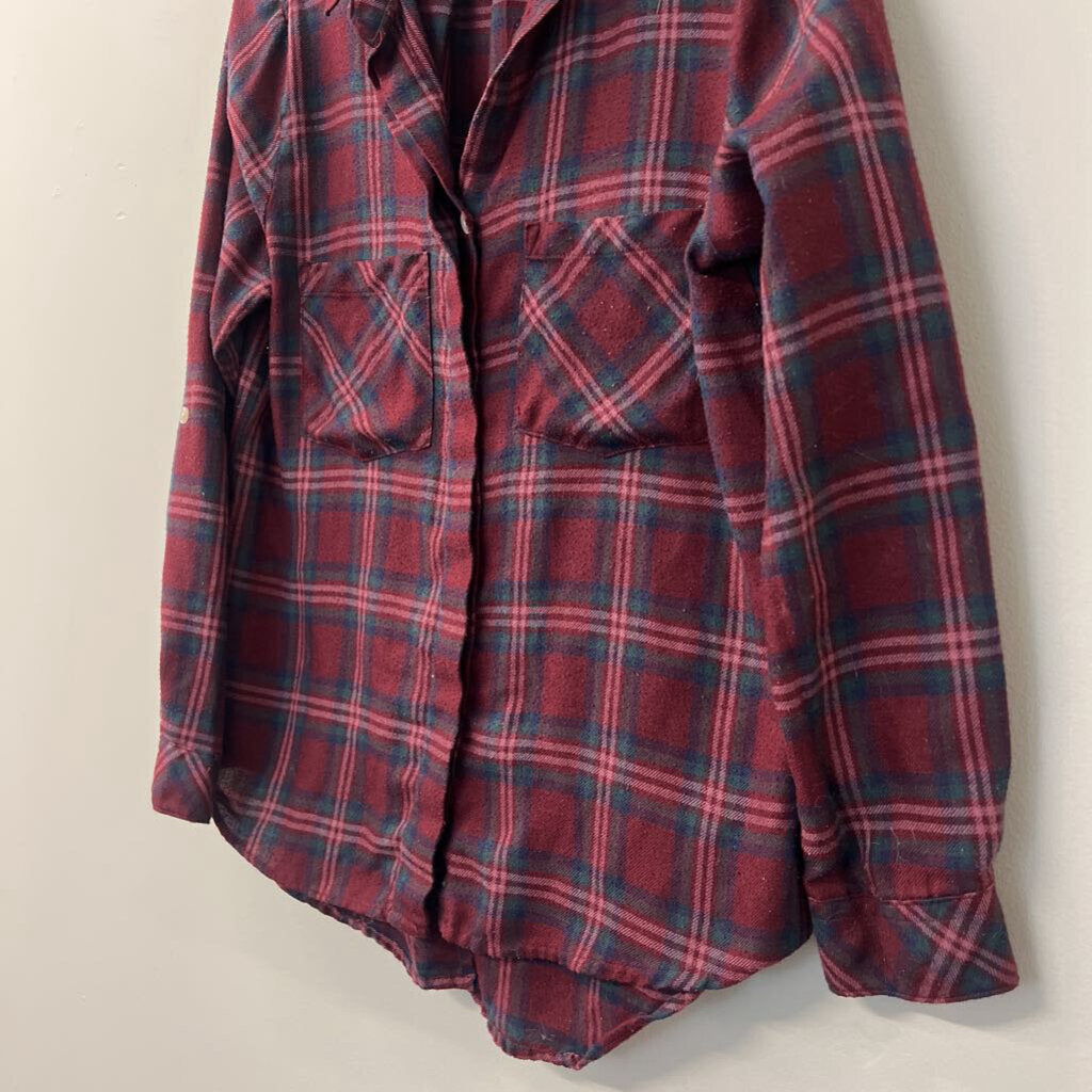 Harper Burgundy Plaid Long Sleeve Button Down Top Small