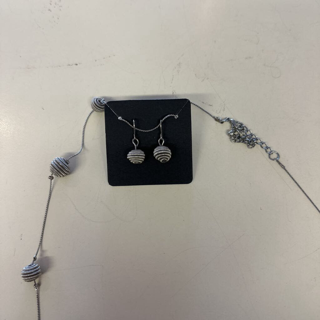 Silver Ball Earrings/ Long Necklace Set