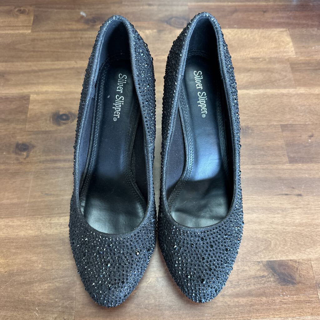 Silver Slipper Black Sparkly Closed Toe Heels 9W