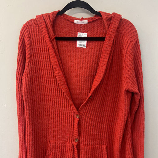 Cherish Red Waffle Knit Button Down Hooded Cardigan Small