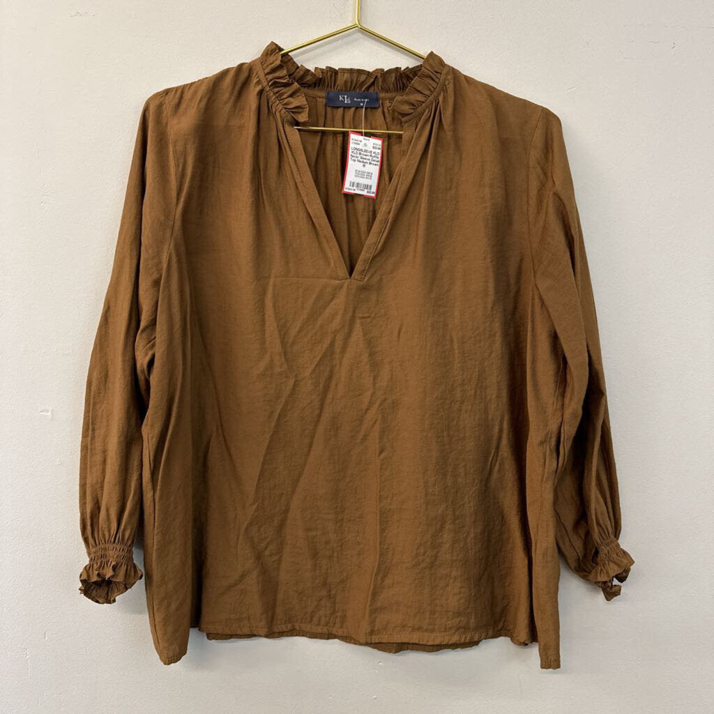 KLD Brown Ruffle Neck/ Sleeve Detail Top Medium