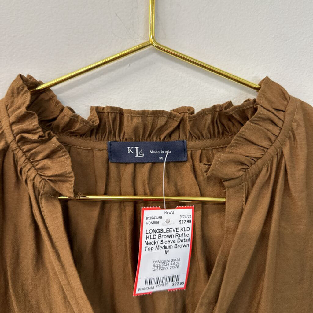 KLD Brown Ruffle Neck/ Sleeve Detail Top Medium